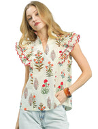 Umgee Womens Rufle Blouse Cream Block Floral Print Top Short Sleeve CREAM fefe4ef2-cbab-4037-ad78-2330369a2d20-Max-Origin Trendsi