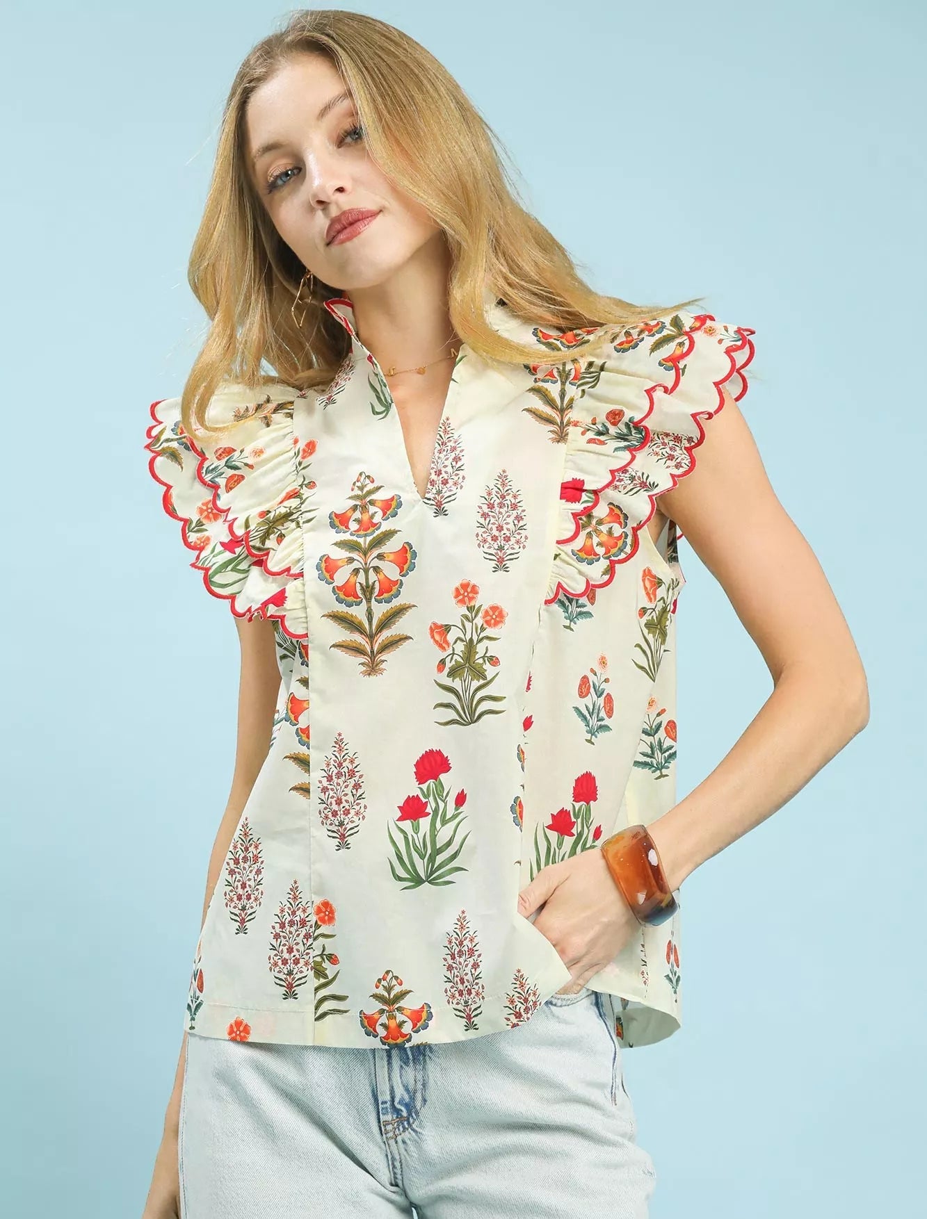 Umgee Womens Rufle Blouse Cream Block Floral Print Top Short Sleeve CREAM fefe4ef2-cbab-4037-ad78-2330369a2d20-Max-Origin Trendsi