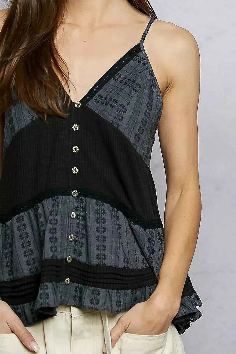 POL Button Front V-Neck Ruffled Cami with Pintuck Accents