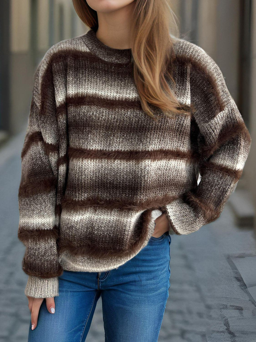 Gradient Striped Sweater Round Neck Dropped Shoulder Pullover