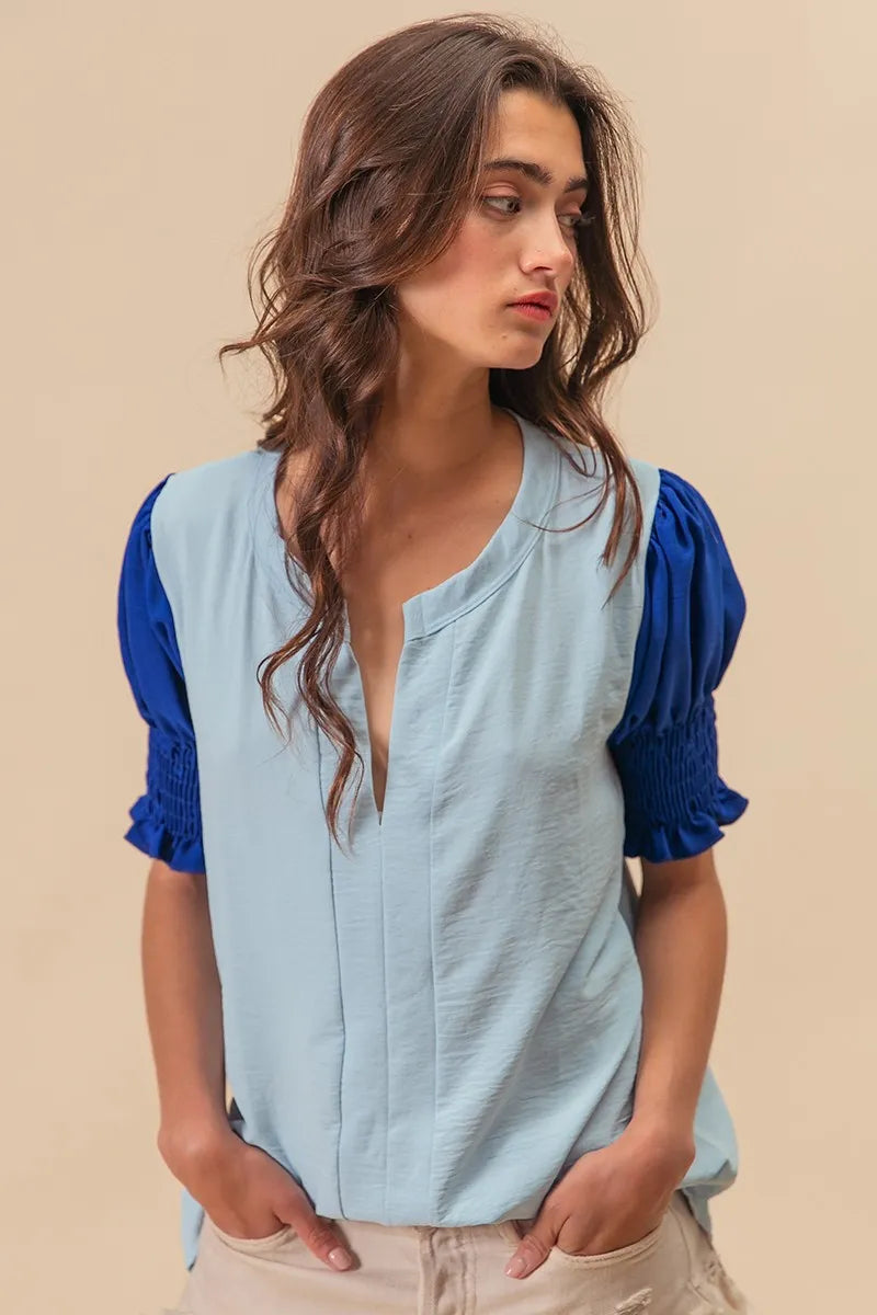 BiBi V Neck Top Air Flow Ruffled Blue Color Block Puff Short Sleeves feff85c550614c7bbcb656064d7da2a4-Max-Origin Trendsi