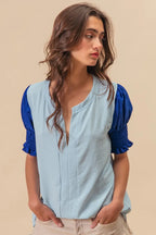 BiBi V Neck Top Air Flow Ruffled Blue Color Block Puff Short Sleeves feff85c550614c7bbcb656064d7da2a4-Max-Origin Trendsi