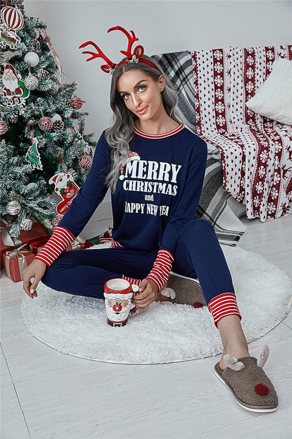 Christmas Loungewear Set Striped Trim Letter Pattern Top and Pants Set