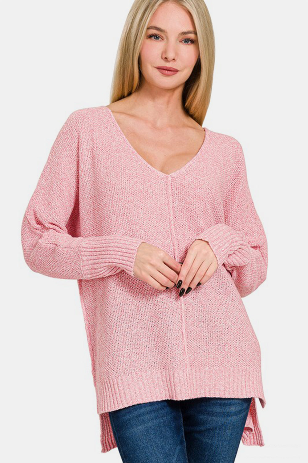 Zenana Sweater Dusty Pink High-Low Center Knit Seam V-Neck Long Sleeve