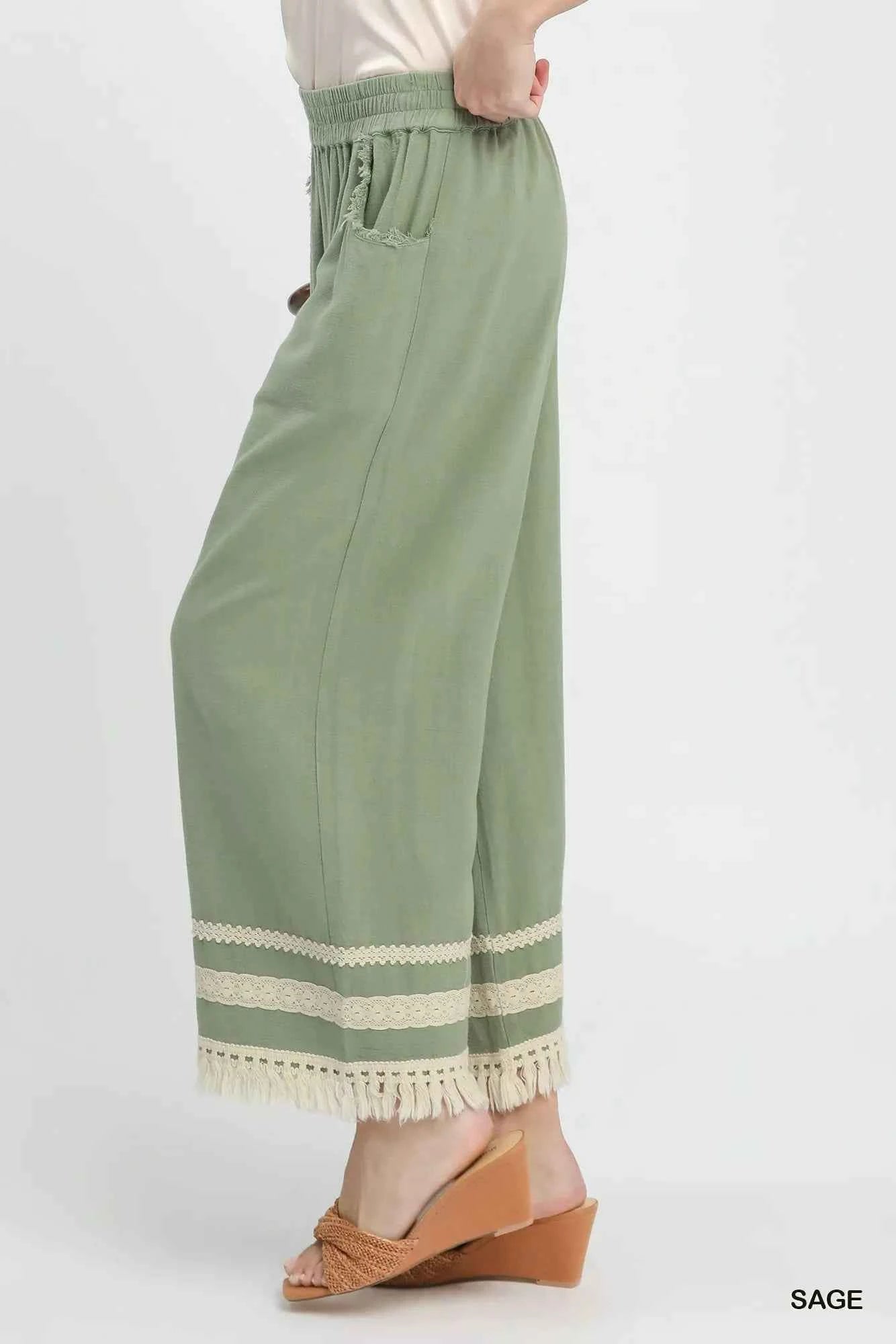 Umgee Wide Leg Pants Lace Trim Fringe Hem Sage Green Trousers ff11635d-eeec-4230-8748-c33622021e1d-Max-Origin Trendsi