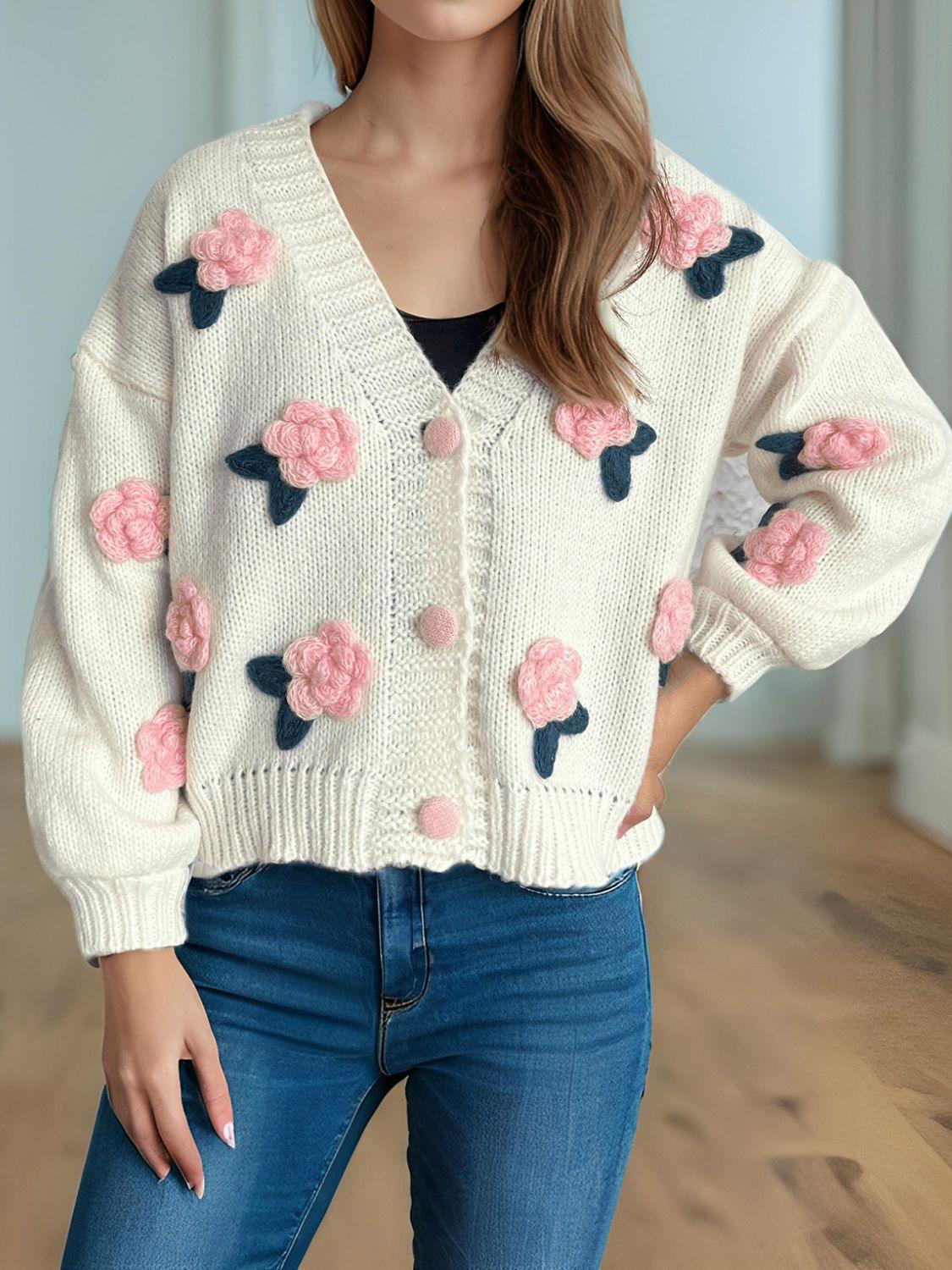 Cardigan Flower Button Down V-Neck Long Sleeve Knitwear Blush Pink One Size ff1933bf-7b51-4a0b-a24b-5045975a707a-Max Trendsi