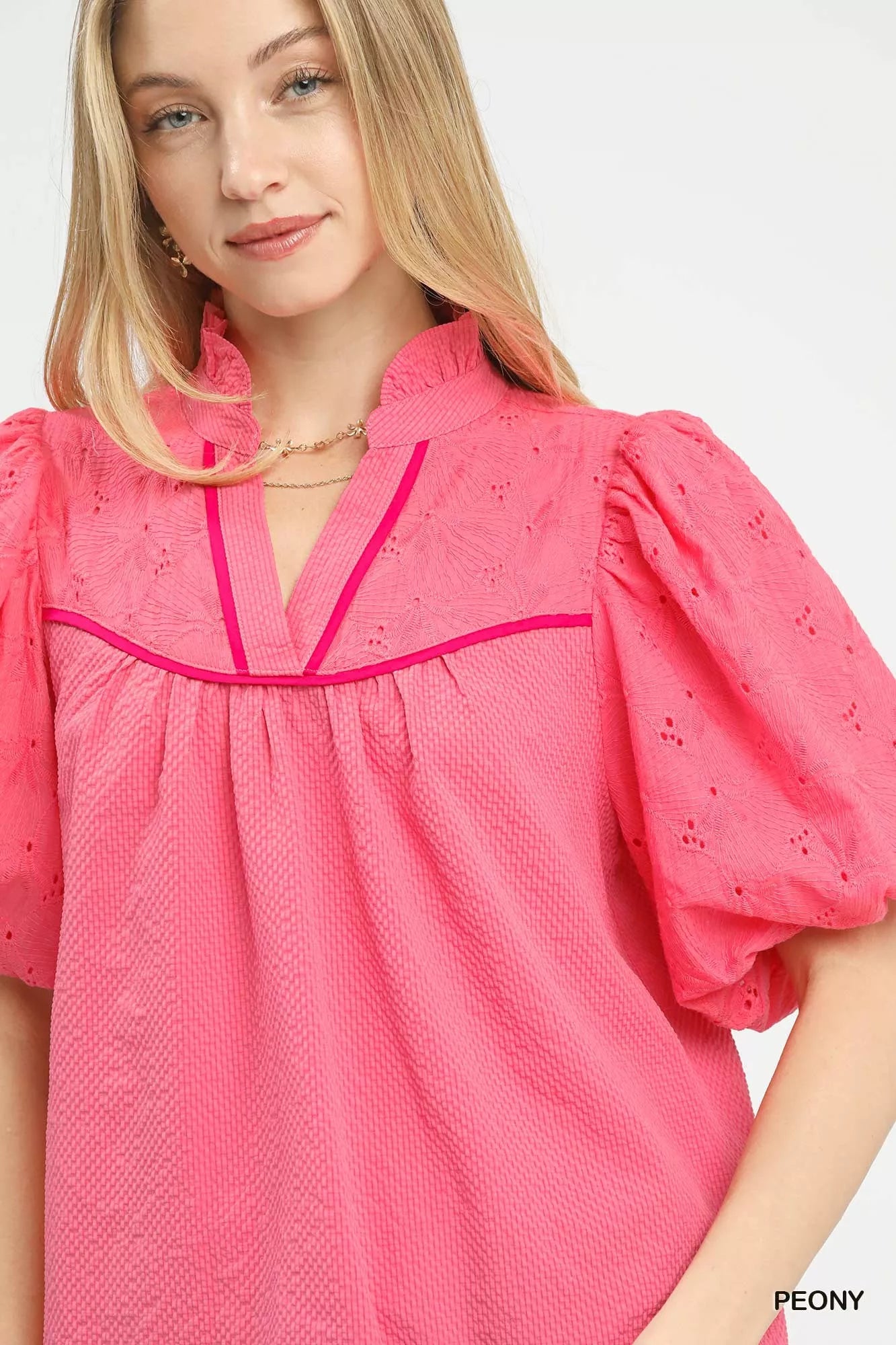 Umgee Blouse Eyelet Mix Puff Short Sleeve Top with Contrast Piping Peony Pink ff1a10b2-2ec9-42b5-8c15-95ef2fbadf60-Max-Origin Trendsi