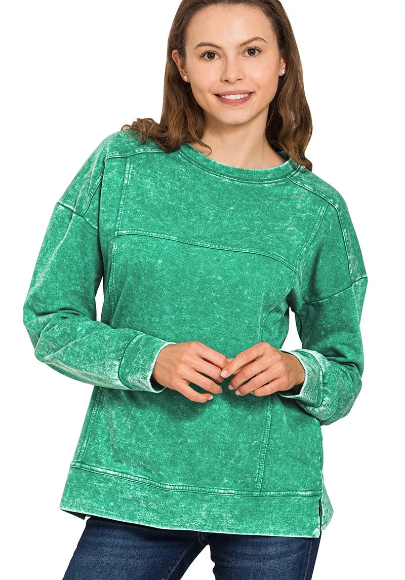 Zenana Acid Wash French Terry Exposed-Seam Pullover