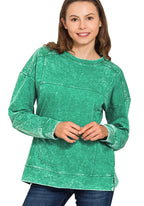 Zenana Womens Pullover Forest Green Acid Wash French Terry Exposed-Seam Top FOREST ff1fa66e9d80424984009e6d972bc826-Max-Origin Trendsi