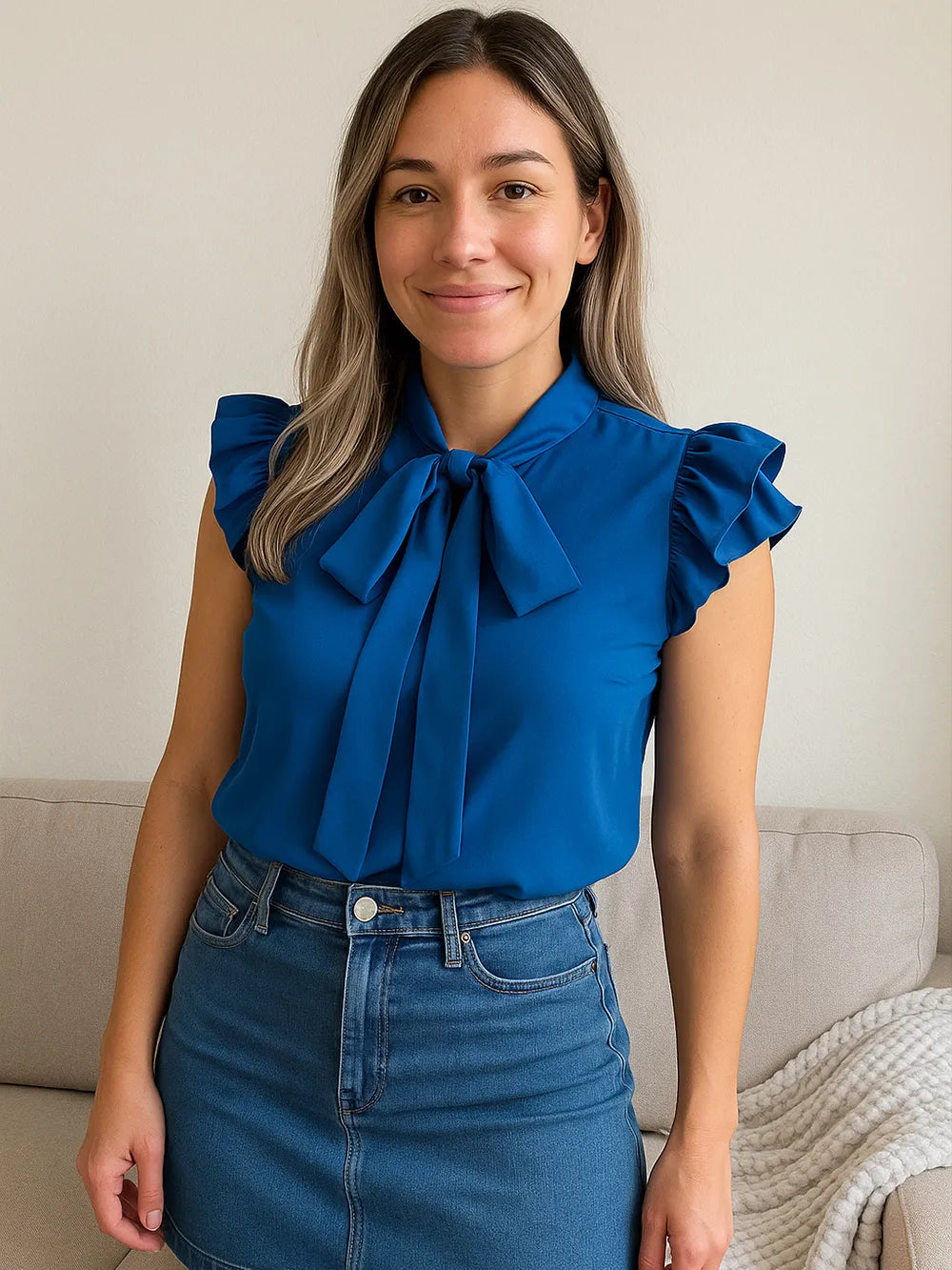 Women's Blouse Bow Tie Neck Ruffle Cap Short Sleeve Top ff2816ef-e029-4256-ac47-e00135f762ba-Max-Origin Trendsi