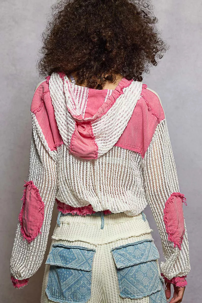 POL Womens Shirt Texture Woven Pink Mix Hooded Top with Drawstring Hem ff2835e9-9228-47c6-ae86-5192d2fd5602-Max-Origin Trendsi