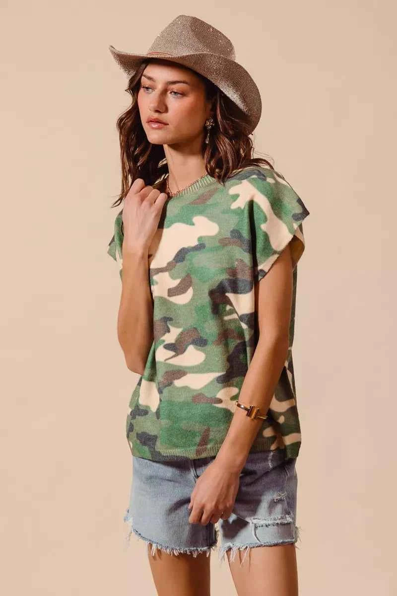 SO ME Camouflage Print T-shirt Dolman Soft Sweater Short Sleeve Top ff2985e5422a4a8f9475ed845b61c6ce-Max-Origin Trendsi