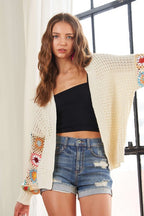 ADORA Women's Cardigan Floral Contrast Crochet Open Front Ivory Long Sleeve ff31dcf3-2555-4d5e-b7f8-6caee06472bc-Max Trendsi