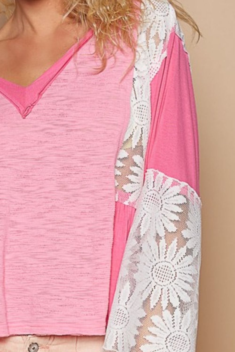 POL Blouse Pink Floral Lace Detail V-Neck Flare Long Sleeve Ruffle Top