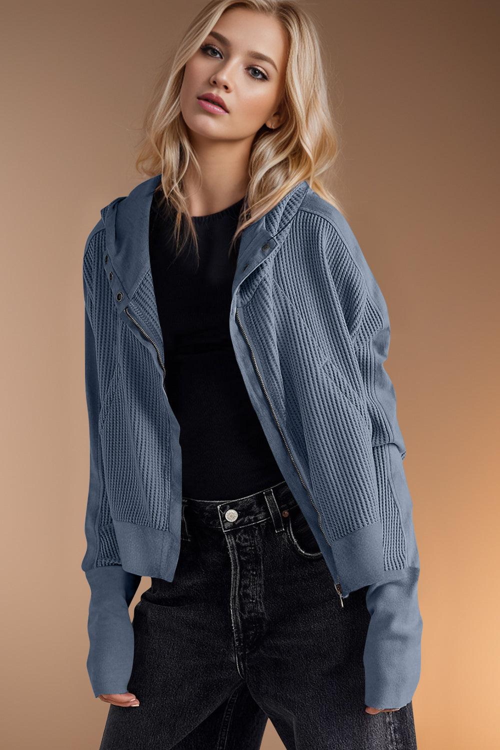 Double Take Hooded Jacket Waffle-Knit Zip Up Long Sleeve Dusty Blue ff4262b2-0cc9-4785-ae73-9299e548e2c9-Max Trendsi