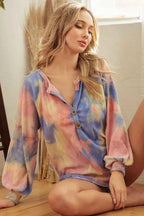 BiBi Tie Dye Texture Knit Top With Buttoned Placket