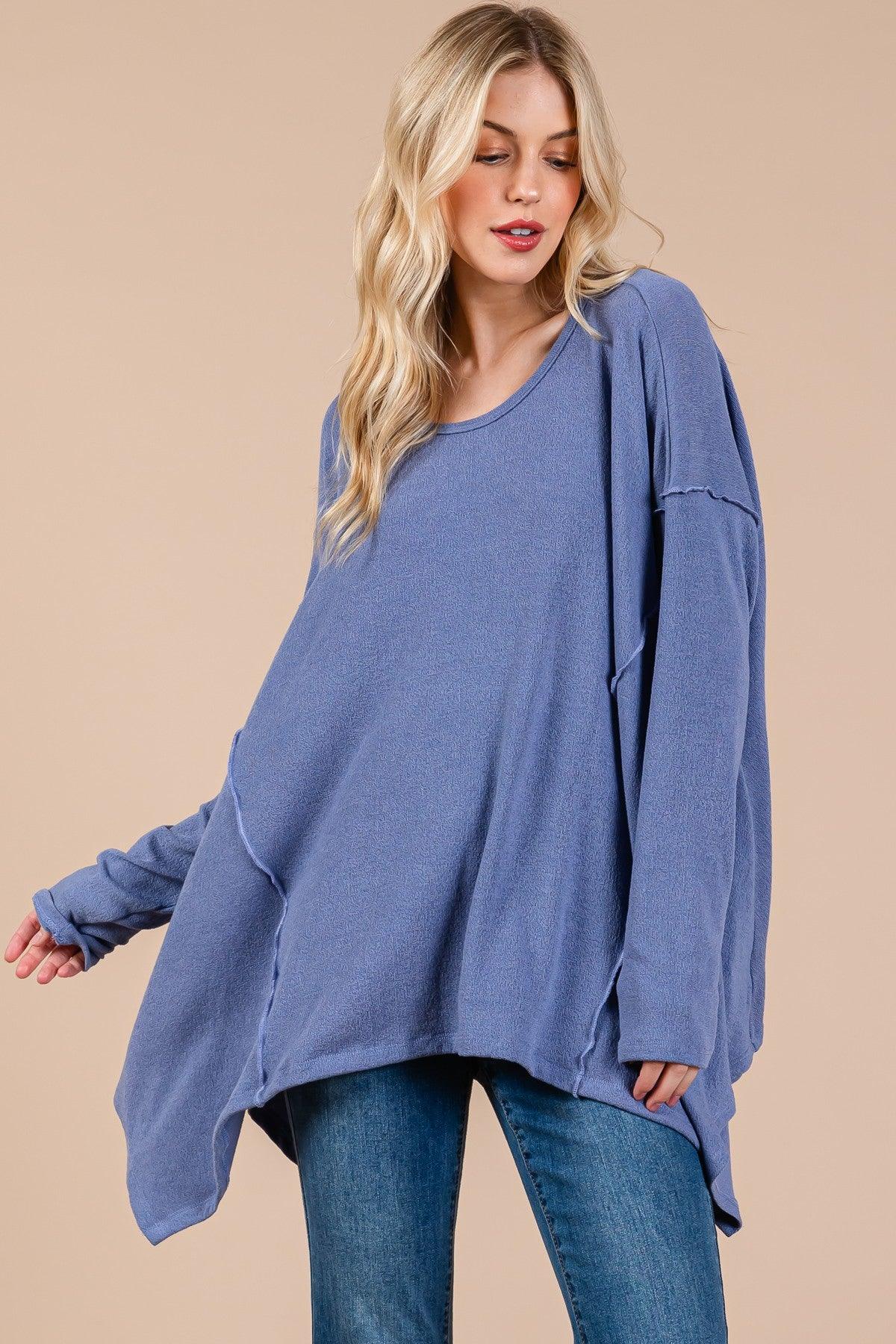 Ces Femme Top Oversized Asymmetrical Long Sleeve Blouse Dusty Blue ff575dad-35d6-4e83-8463-b9dddb45b8c2-Max Trendsi