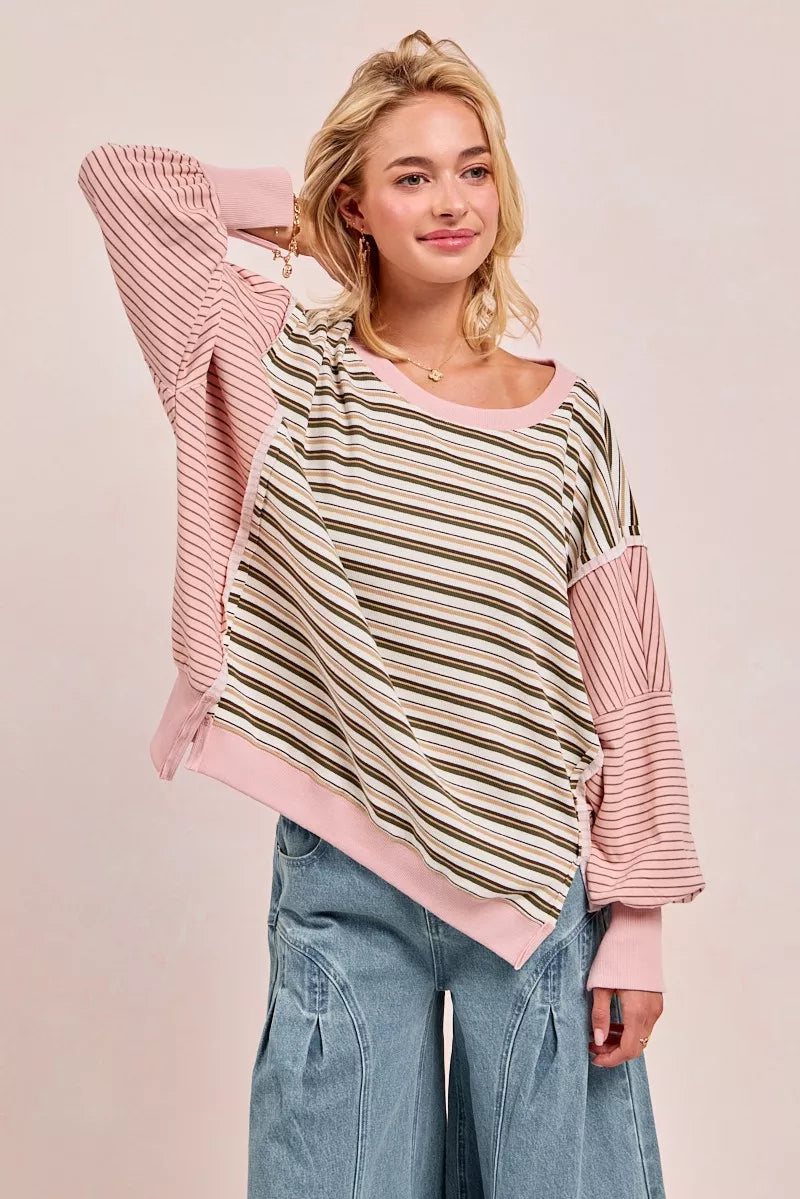 BiBi Womens Sweatshirt Stripe Mixed Top With Cut Edge And Reverse Outseam ff5bfb1bfab64c6b8c6bc5c3b492b5e9-Max-Origin Trendsi