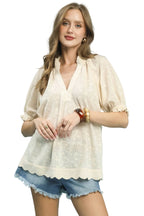 Umgee Textured Pintuck Blouse with Ruffle Collar and Puff Sleeves