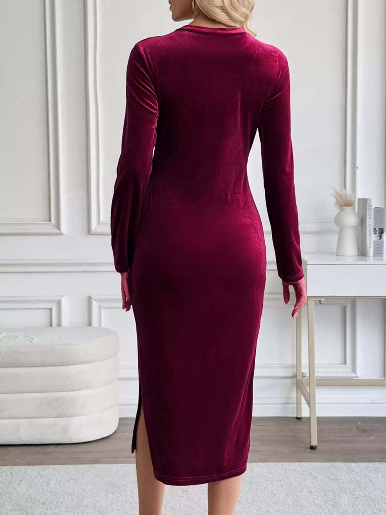 Velvet Midi Dress Burgundy Slit Round Neck Long Sleeve with Side Tie Detail ff83b25a-c145-4ab4-8623-271a84ea373b-Max-Origin Trendsi