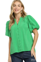 Umgee Button-Down Shirt with Puff Sleeves