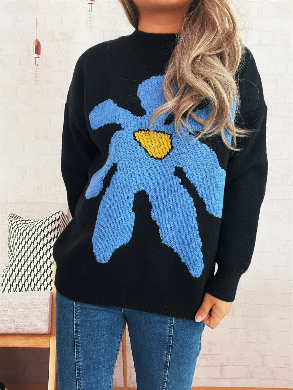 Women's Sweater Flower Dropped Shoulder Knit Long Sleeve Pullover Black One Size ff8df61193db4004bada7f542f3357b1-Max-Origin Trendsi