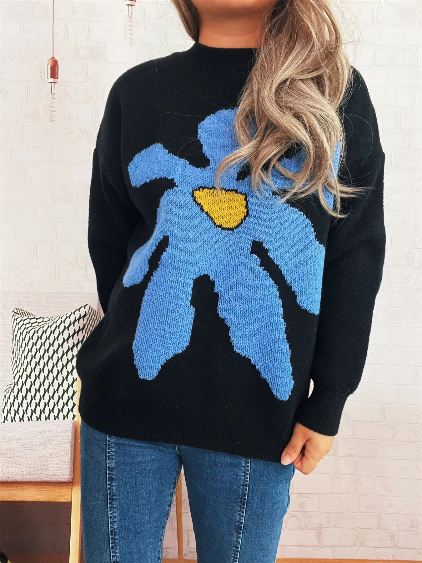 Women's Sweater Flower Dropped Shoulder Knit Long Sleeve Pullover Black One Size ff8df61193db4004bada7f542f3357b1-Max-Origin Trendsi