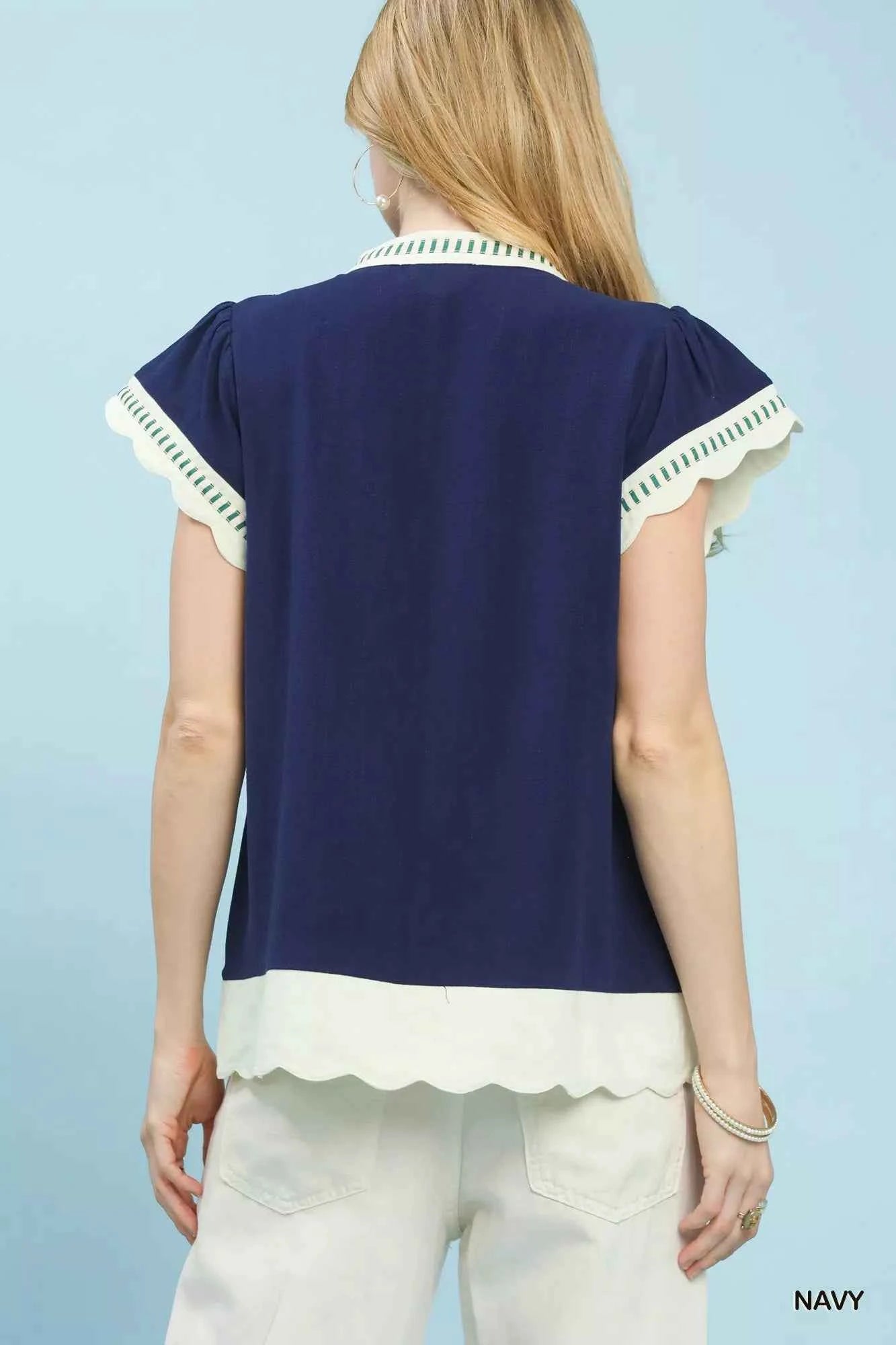 Umgee Blouse Navy Contrast Scallop Trim Top Short Sleeve ff9a30d2-17ea-44e8-ba5c-57c4c968e353-Max-Origin Trendsi