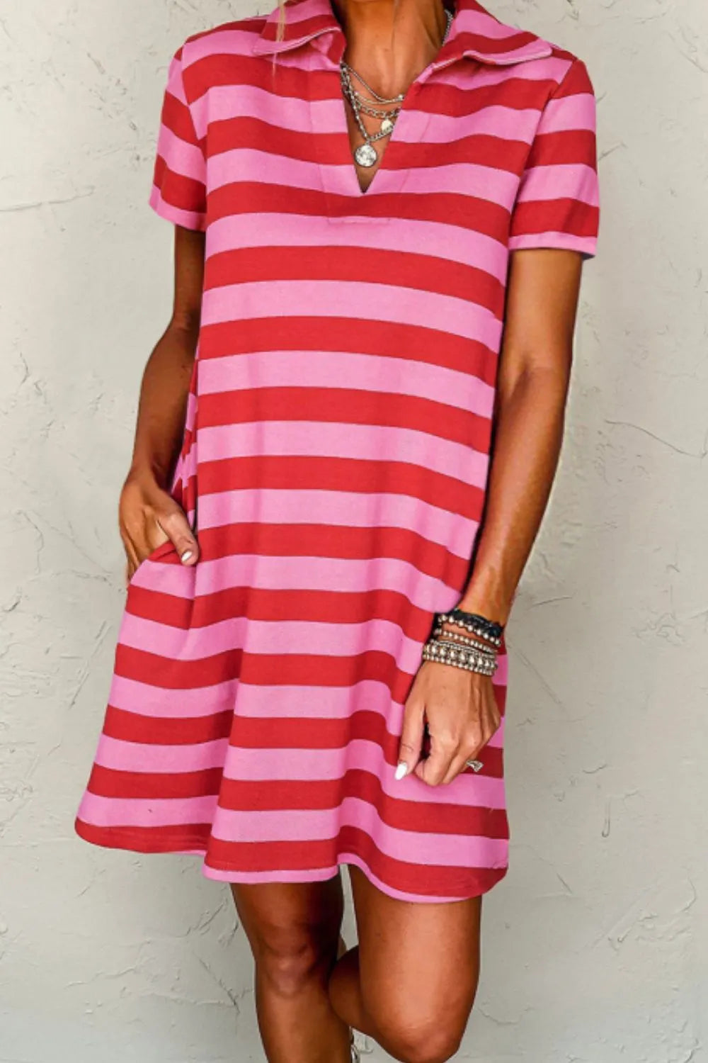 T-Shirt Dress Casual Striped Polo Collar Short Sleeve with Pockets Hot Pink ffa9a9cf-ab42-44e6-ad9f-935327851ba6-Max-Origin Trendsi