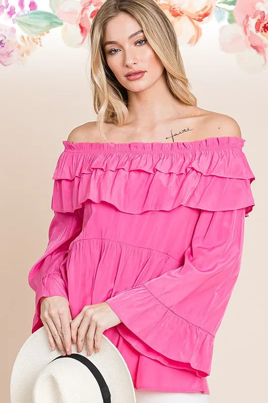 Lime 'N' Chili Ruffled Top Fuchsia Pink Trumpet Sleeve Off-The-Shoulder Blouse ffb90161922d4a7d882a65ea88e112f1-Max-Origin Trendsi