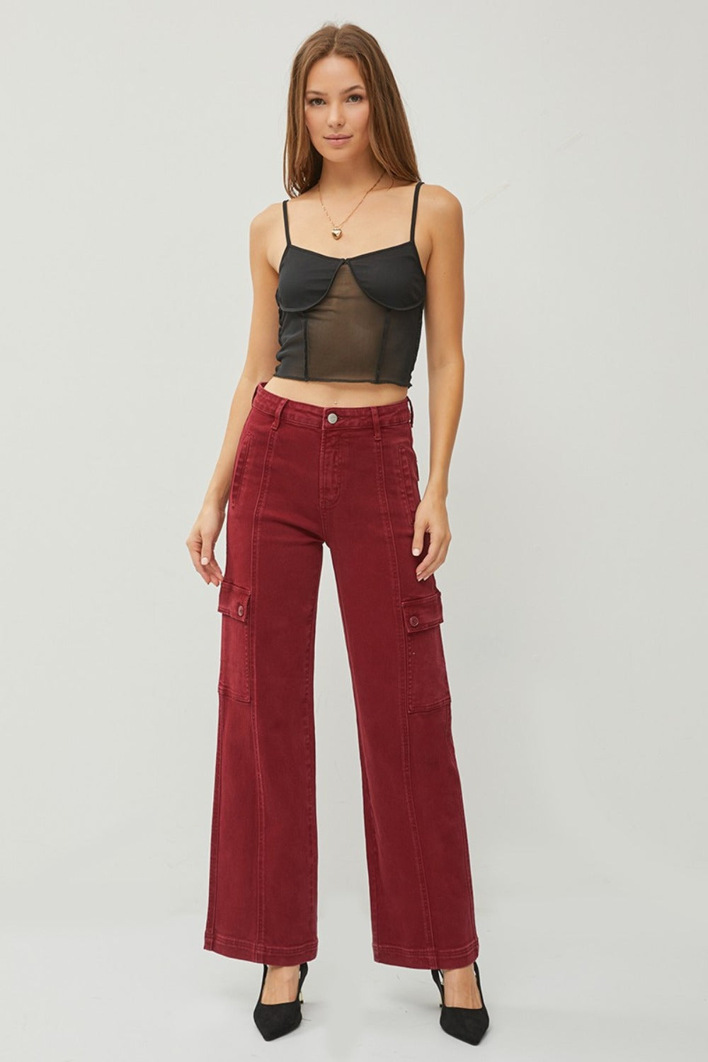 RISEN Wide Leg Cargo Jeans Burgundy High Waist Women Cotton Denim Pants Pocketed ffbb4e48-c770-4bcd-a7be-a0807d59b4f3-Max Trendsi