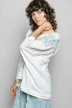 POL Floral Star Patch Hooded Blouse with Lace Contrast Detail
