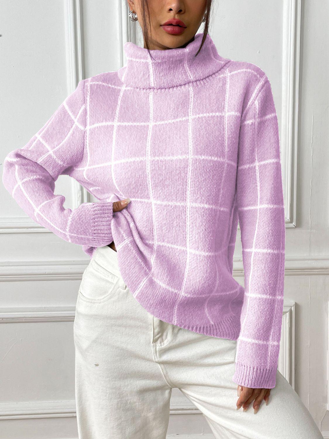 Plaid Sweater Turtleneck Knit Long Sleeve Knitwear ffc829ab-7cef-4d73-8f67-fa26f058f5be-Max Trendsi