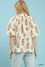 Umgee Womens Blouse Cream Floral Print Puff Short Sleeve Scallop Hem Top ffc8a35e-fdd5-480a-9f8c-1aaace1462b7-Max-Origin Trendsi