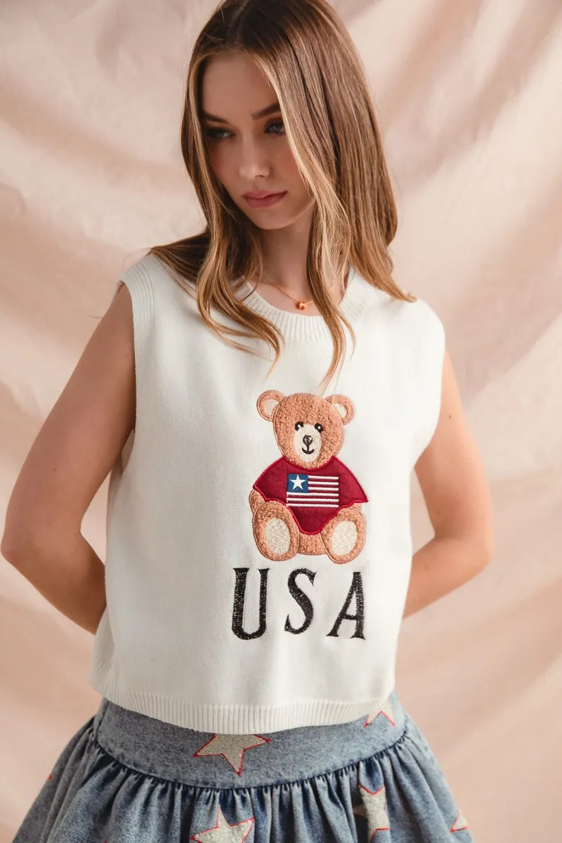 SO ME Sweater Vest Teddy Bear Wearing An American Flag With Usa Embroidered ffc9b8ed46b7400190d992af3a4a8d2e-Max-Origin Trendsi