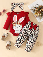 Children's Bunny Long Sleeve Bodysuit and Pants Set with Headscarf