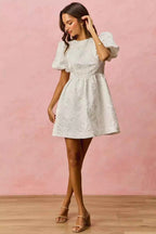 SO ME Jacquard Mini Dress White Floral Bubble Shorts Sleeves ffd3df28ee0344d4b0889f29fefd1164-Max-Origin Trendsi