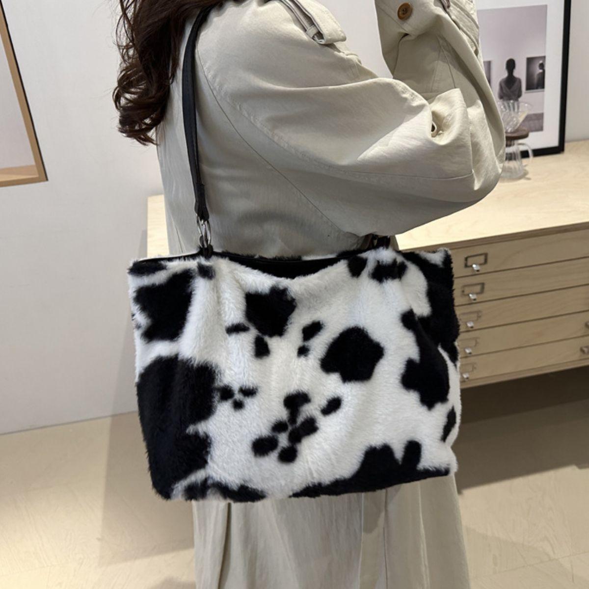 Furry Tote Handbag Large Cow Print Women Zipper Shoulder Bags ffdaeb55-462a-44f5-8019-770fdb5bf089-Max Trendsi