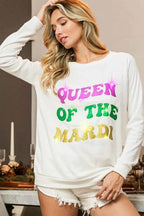 BiBi Women’s Mardi Gras Glitter Print Sweatshirt Queen of Mardi Casual Top