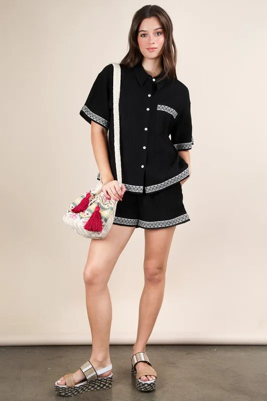 VERY J Black Outfit Set Crinkled Woven Shirt Top & Pocketed Shorts ffe37976aa0d40c784bb3599a6be2f19-Max-Origin Trendsi