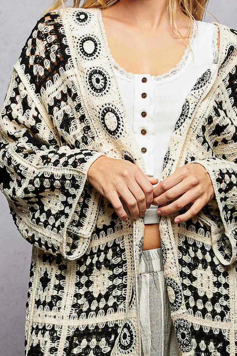 POL Crochet Cardigan Black Multi Longline Open Front with Granny Square Pattern ffe39418-88b4-42aa-a668-451e85cce058-Max-Origin Trendsi