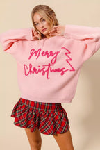 SO ME Womens Sweater Pink Merry Christmas Tinsel Lettering Pullover ffe893b03a784d8089b90ec62d67bdeb-Max-Origin Trendsi