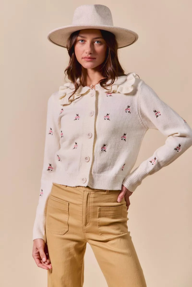 SO ME Women's Cardigan Cream Floral Embroidered Collared Long Sleeve Sweater ffe8ef222202428f838042a8829ecac3-Max-Origin Trendsi