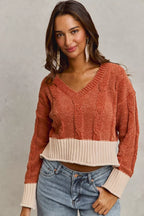 SO ME Cropped Sweater Rust Contrast Chenille Cable Knit V Neck Top ffebbd21de514c9a987be7411be67c61-Max-Origin Trendsi