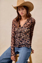 BiBi Women's Shirt Leopard Printed Mesh With Button Up V Neck Long Sleeve ffef1715791f44fbb47a2269b1d4e95a-Max-Origin Trendsi