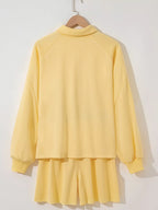Women's Outfit Set Button Collar Drop Shoulder Top and Shorts 2pcs Set Yellow fff37cf00a4141109de66e3567723277-Max-Origin Trendsi