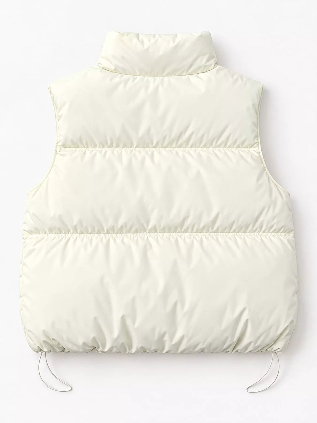 Back view of cream quilted vest with horizontal seams and symmetrical drawstrings