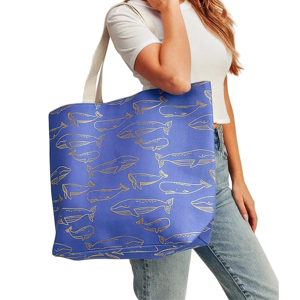 HD ACCESSORIES Tote Bag Gold Foil Whale Large Casual Beach Canvas Hadbags