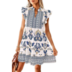 Minikleid Boho Western Blumendruck Geteilter Ausschnitt Rüschen Kurzarm Blau