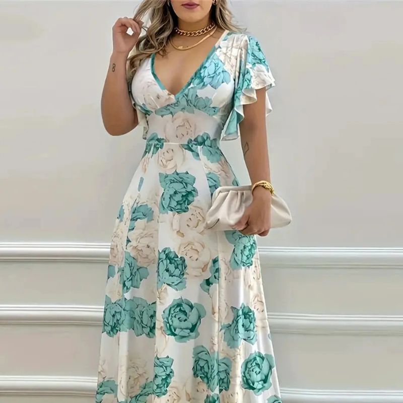 Plus Size Floral Print V-Neck Maxi Party Dress High Waisted Ruffle Flutter Sleeves X-5XL